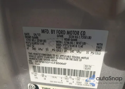 2012 Ford F-150 Fx4 z USA, uszkodzony, nr VIN 1FTFW1EF1CFB50647